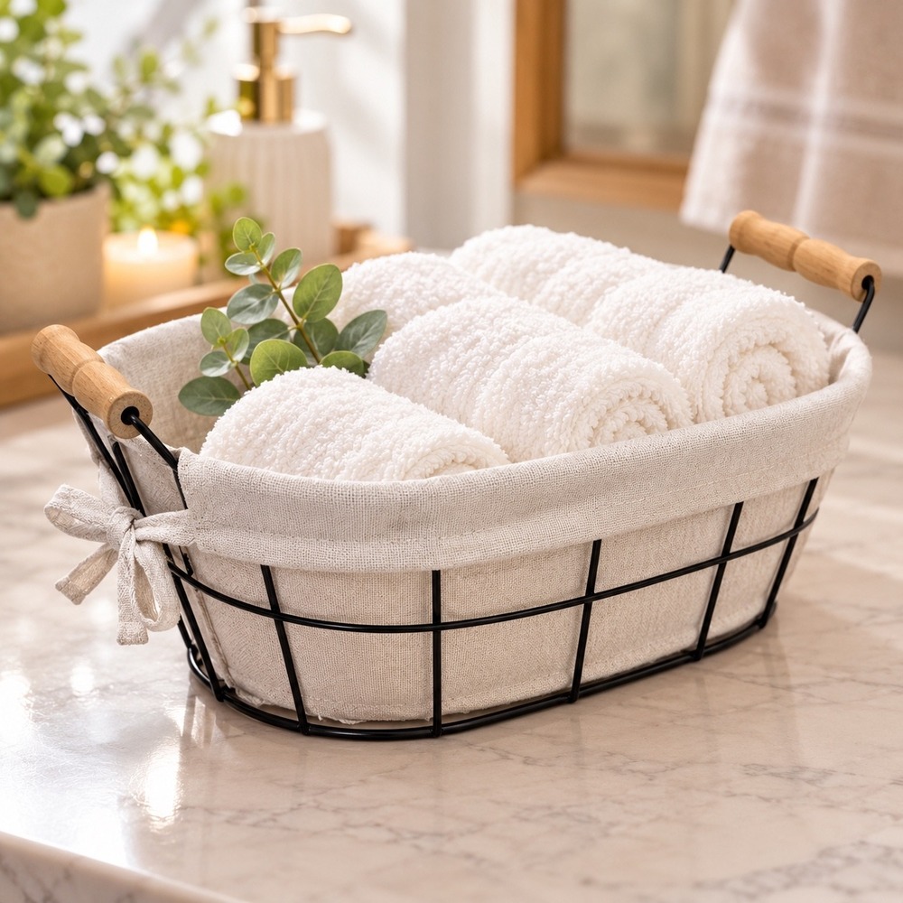 Farmhouse Wire Storage Basket Linen Liner Wood Handles Rustic Organizer 15"